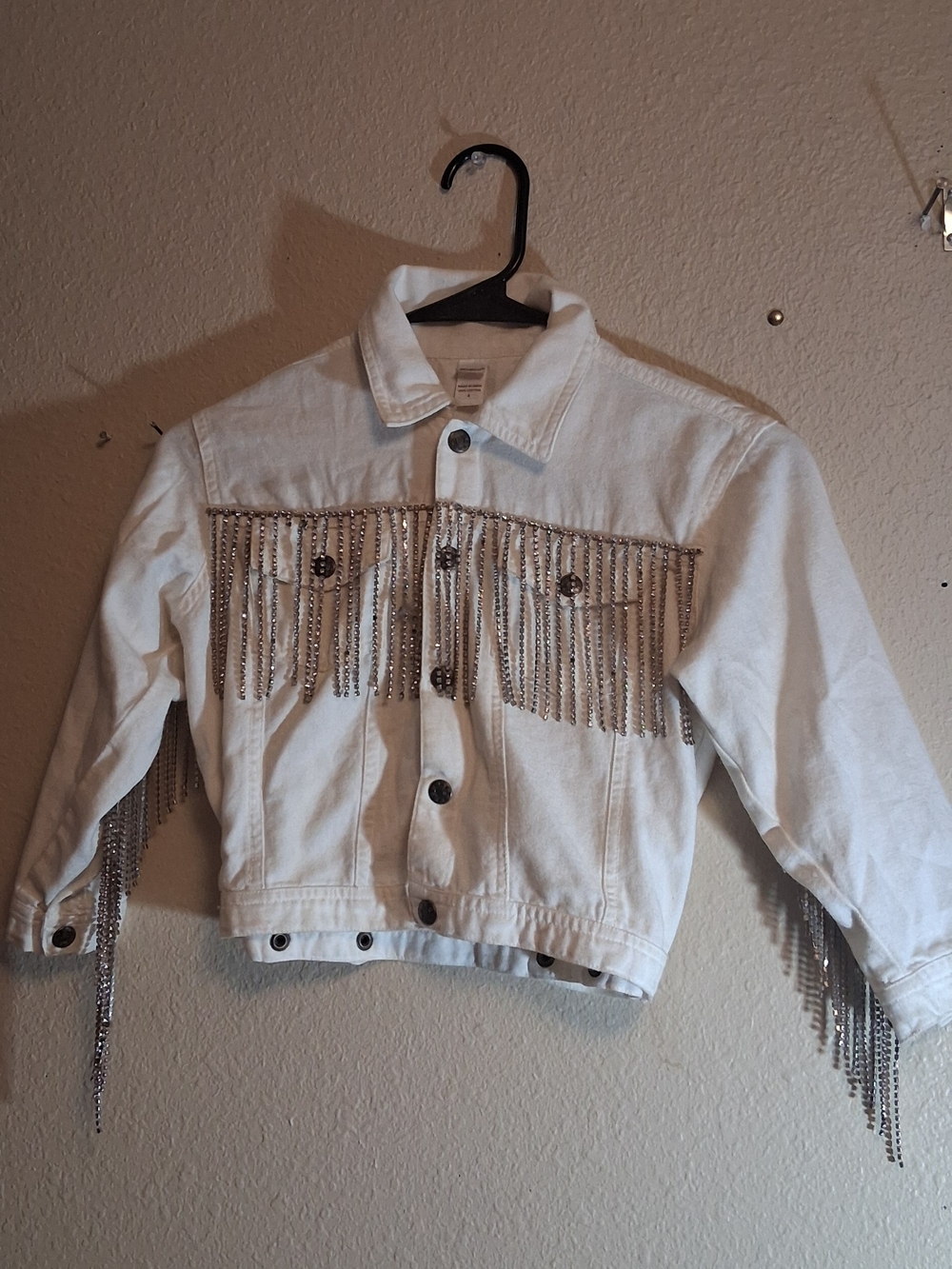 White Denim Kids Jacket with Silver Chain Glass Diamonds Accents  260805